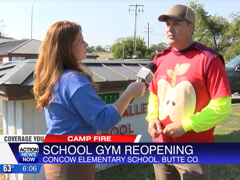 Peete reopens the Concow Elementary School Gym - An image of Josh Peete with a news reporter holding a microphone asking for a response. 